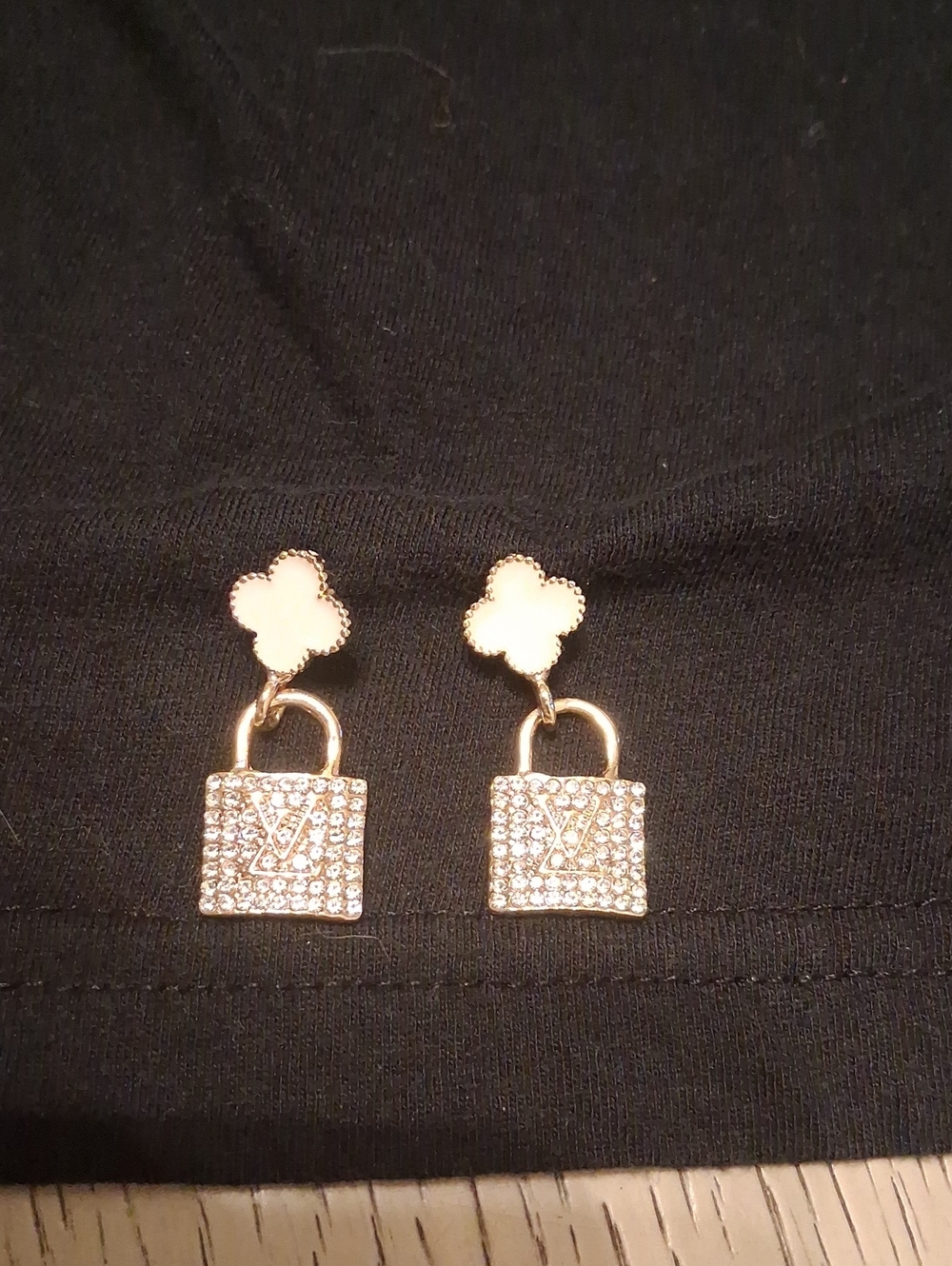 Inspired Gold Tone White Clover Padlock Drop Earrings